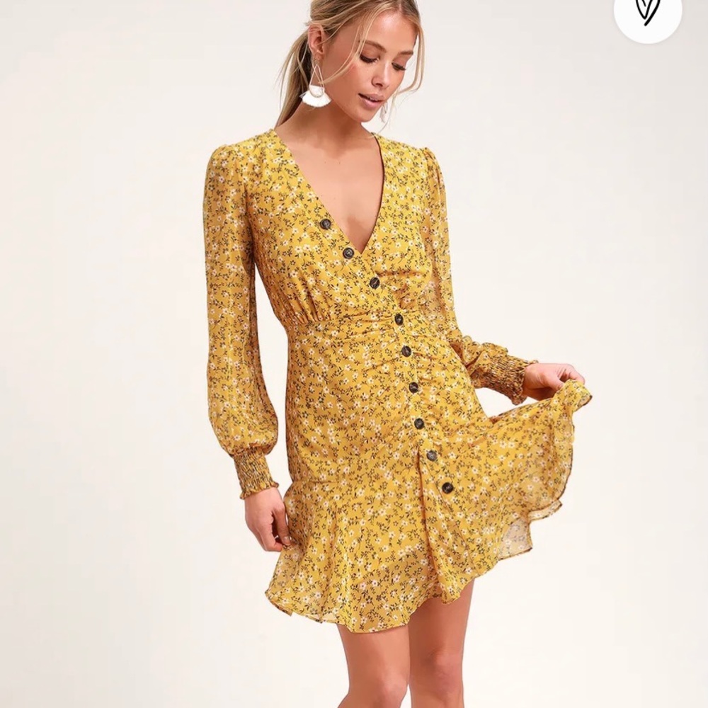 Lulus Yellow Floral Print Dress